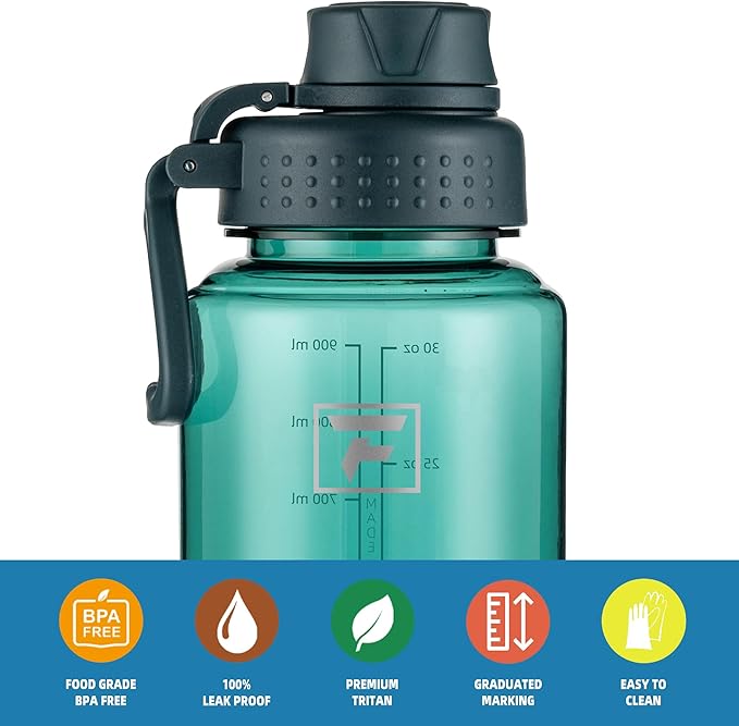 Fanhaw 32 oz Clear BPA-Free Tritan Water Bottle with Fast-Flow Spout Lid, Leakproof Wide-Mouth Reusable Bottle for Gym, School & Office (Dark Green)