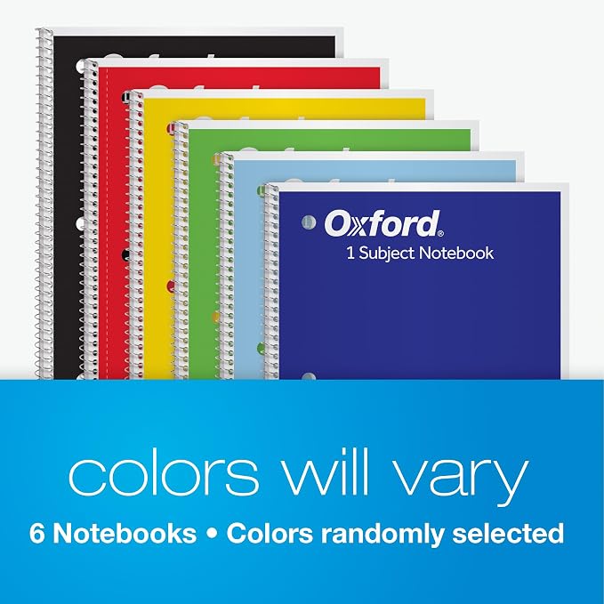 Oxford Spiral Notebook, 6 Pack, 1 Subject, Wide Ruled Paper, Notebooks for School, 8 x 10.5 Inches, 70 Sheets, Assorted Colors, Back to School Supplies (65010)