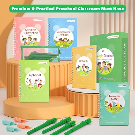 BYFWH Magic Groove Practice Copybook for Kids, Reusable Writing Practice Books, Grooved Handwriting Book Set for Kid Ages 3-8 Calligraphy 5.59 * 7.91 (5 Medium Books with Cactus Pens & Gift Box)