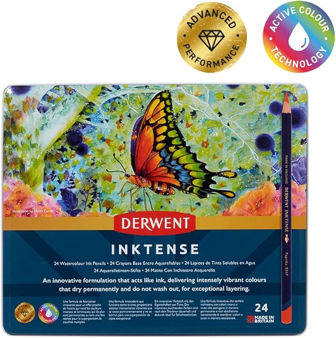 Derwent Inktense Pencils Tin, Set of 24, Great for Holiday Gifts, 4mm Round Core, Firm Texture, Watersoluble, Ideal for Watercolor, Drawing, Coloring and Painting on Paper and Fabric (0700929)