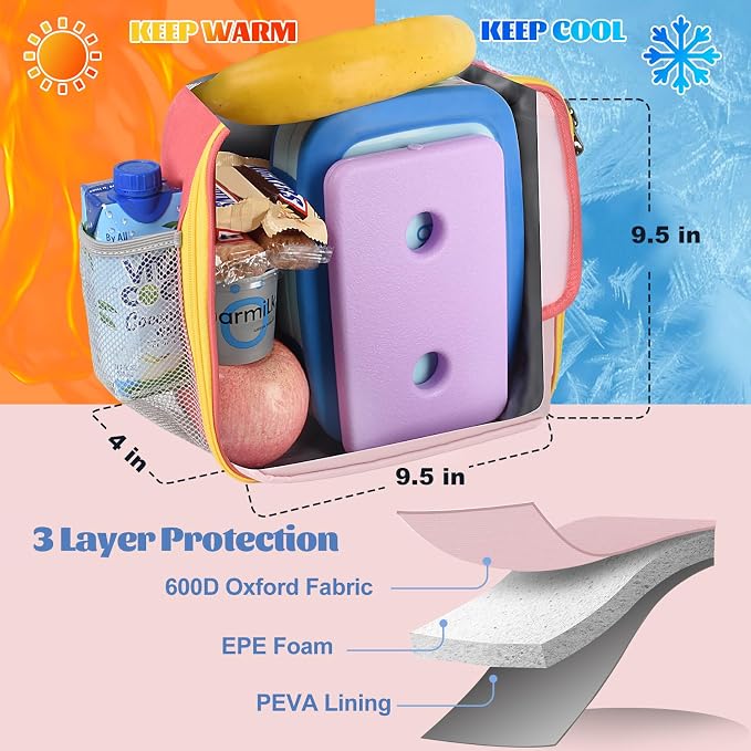 CaCTOUR Lunch Box Kids,Fun Color Lunch Box for Girls,Large Soft Cooler Lunch Bag for Kids,Back to School Thermal Insulated Lunch Tote Bag for School Daycare Outdoor (Pink Red)