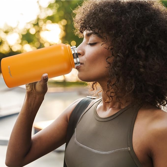 Navigate 32oz Insulated Water Bottle for Sports, Keep Cold 24H | 2-in-1 Spout and Handle Lids, Double Leak-Proof, 18/8 Stainless Steel, BPA-Free, Wide Mouth for Gym and Hiking,Orange