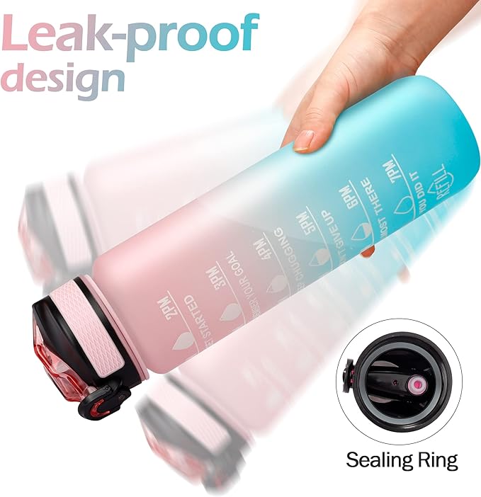 YC Kitchen Motivational Water Bottle with Time Marker - 32oz, Leak-proof BPA Free Sports Water Bottles with Straw & Carrying Strap