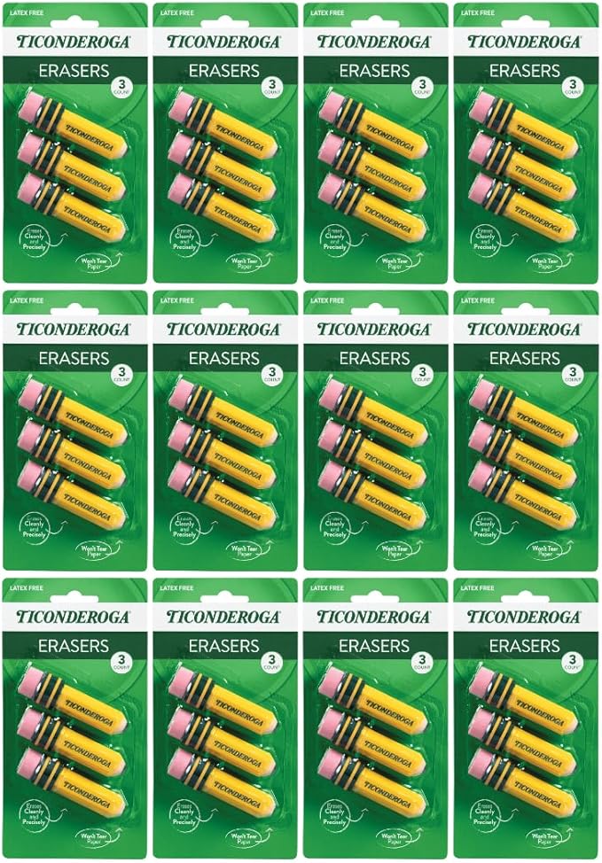 Ticonderoga Pencil Shaped Erasers (38953), 0.75" x 2.875", Yellow, 3/Pack, Class Set of 12 Packs, 36 Erasers Total