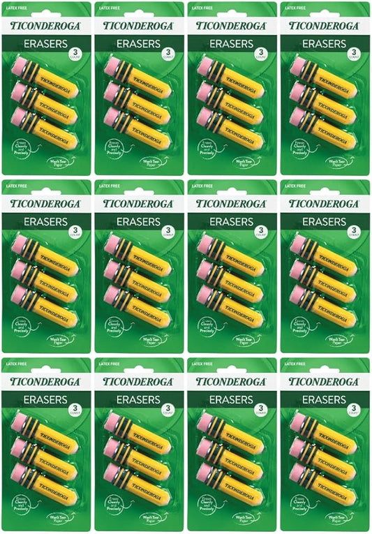 Ticonderoga Pencil Shaped Erasers (38953), 0.75" x 2.875", Yellow, 3/Pack, Class Set of 12 Packs, 36 Erasers Total