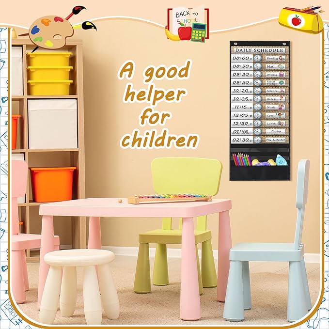 Chiisong Daily Schedule Pocket Chart, 14+1 Pocket, with 40 Pcs Reusable Dry Eraser Cards Calendar for Classroom Toddler Schedule Chart Office Home Activity(Burlap Style)