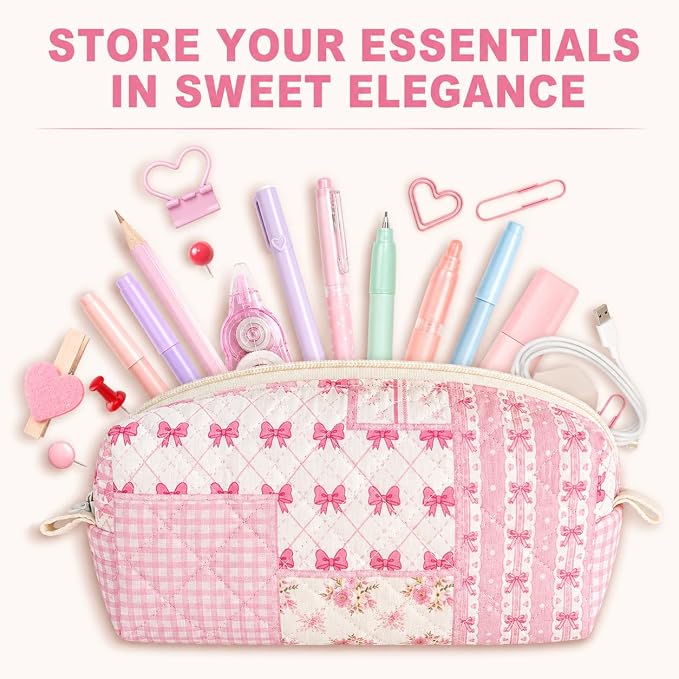 Cute Quilted Pencil Case for Women, Aesthetic Small Floral Pencil Pouch, Slim Soft Pencil Bag for Stationery Supplies & Daily Use（Pink Bow Patchwork）