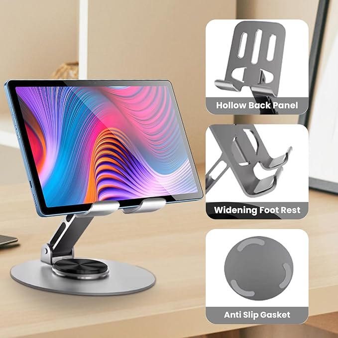 Universal Metal Cell Phone Stand, Multi-Angel Adjustable 360° Rotation Non-Slip Metal Phone Stand Compatible with iPhone 17 16 Pro Max and All Smartphones (Grey&Grey)