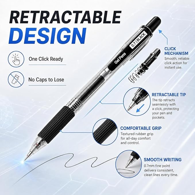 100 Pack 0.7mm Black Gel Pens Retractable Medium Ballpoint Pens Bulk | Smooth Writing, Non-Slip Grip, Quick-Drying Black Ink, No Bleed, No Smear, Clear Barrel with Clip for Office School Supplies