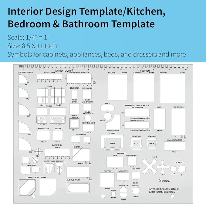 Sooez Architectural Templates, House Plan Template, Interior Design Template, Furniture Template, Drawing Template Kit, Drafting Tools and Supplies, Template Architecture Kit, Set of 3, Yellow