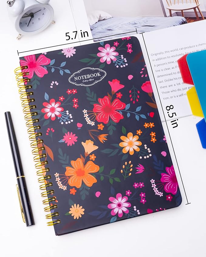 Dynta Spiral Notebooks 5 Subject 5-Pack College Ruled Hardcover with Removable Dividers 160 Pages/80 Sheets Each, A5(8.5 "x 5.7") Cute Blooming Floral, for Students Office Business Diary Book