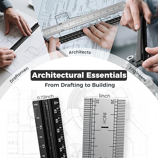 2 Pcs Architectural Scale Ruler 12 Inch, Aluminum Architect Ruler & Metal Ruler Set, Imperial Engineer Scale for Blueprints, Drafting Ruler for Architects, Students, Draftsmen, and Engineers (Black)