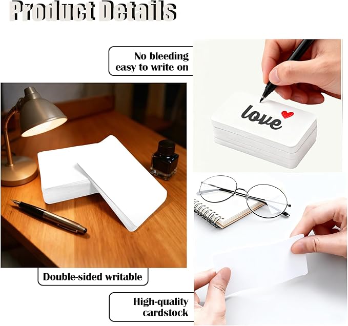 200 Pcs Blank White Round Corner Flash Paper, Small Index Cards, DIY Hard Card Stock for Memo Notes, Word Learning, 3.5” X 2.1” (Blank White)