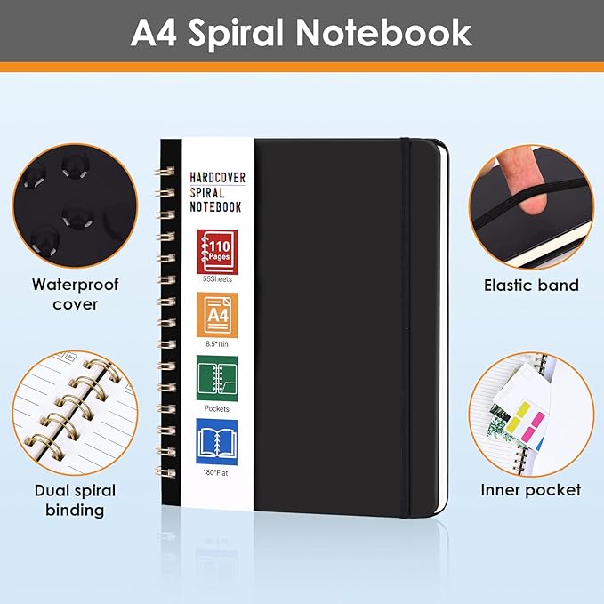 LABUK Spiral Notebook 8.5 x 11, A4 Large Notebooks for Women Men, 55 Sheets (110 Pages) College Ruled Hardcover Notebook for Work School Note Taking (Black)