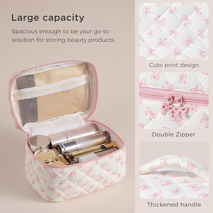 HBselect Quilted Makeup Bag, 3Pcs Cotton Large Travel Makeup Bags Organizer | Cute Floral Make up Bag Cosmetic Bag Toiletry Bag for Women Girls, Makeup Pouch for Skincare, Brushes & Travel Essentials
