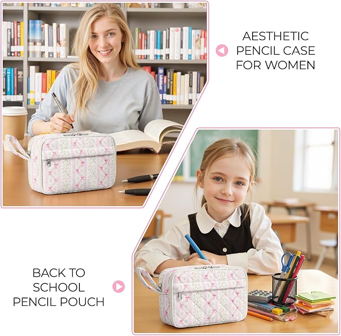 WOBAGMEN Quilted Pencil Pouch for Girls Women, Large Pencil Case Pouch with Compartments Cute Aesthetic Pencil Case Organizer, Floral Pencil Bag for School Supplies (Bow Floral Stripes)