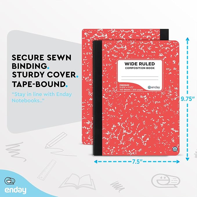 Enday Composition Notebooks Wide Ruled Paper, Colored Marble Composition Notebook Covers, 100 Sheets (200 pages) Composition Books, Marble Notebooks Wide Ruled For School, Red And Grey, 2 Pack