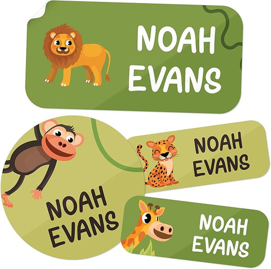 Personalized Daycare Name Labels for Kids, (130 Pack) Waterproof Custom Name Stickers for Clothing Tags, Lunch Boxes and School Supplies, Made in USA by MSC -Safari
