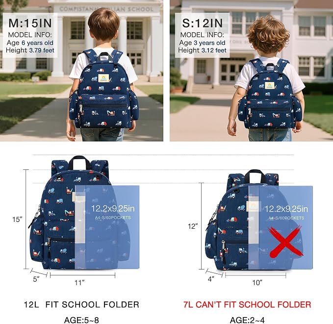 STEAMEDBUN Corduroy Toddler Backpack for Girls 2-4: Kids backpack for Boys Girls - 12 inch Preschool Kindergarten Backpacks - Blue Trucks