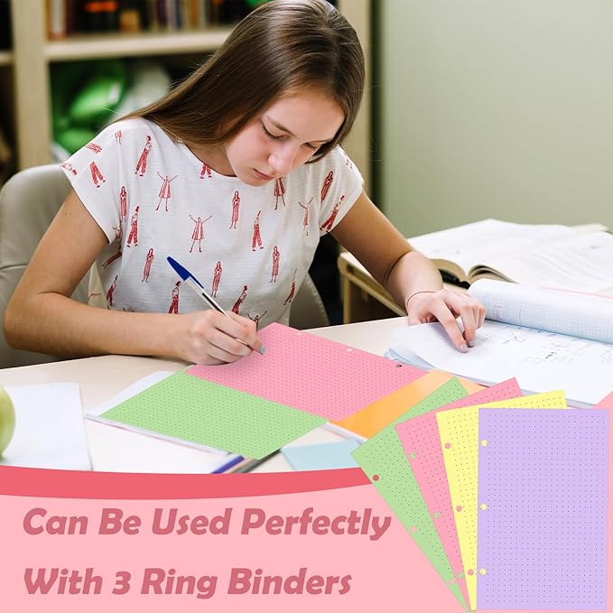 100 sheet Half Letter Dotted Refill Paper 3 Hole Punch 5-1/2 x 8-1/2 College Ruled Dot Grid Paper Refill Colored Mini Binder Paper Planner Inserts Fits Mini 3 Ring Binder Office