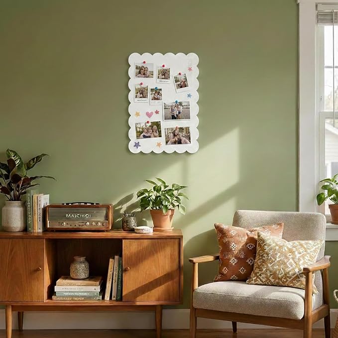 Scalloped Bulletin Board, 24x18 Scalloped Felt Bulletin Board, 2' x 1.5' Foldable Picture Display with 20 Pins & 5 Cute Decors - Beige