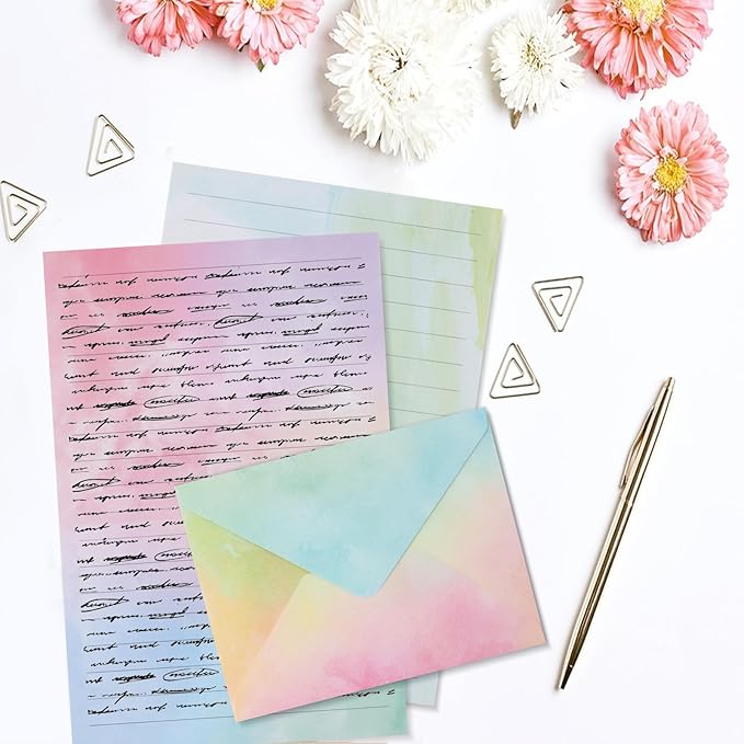 45 Stationary Letter and Envelopes: 30 Watercolor Stationery Paper&15 Envelopes, Lined Stationery Paper and Envelopes Set,Stationary Paper and Envelopes Set,Letter Writing Stationery Sets