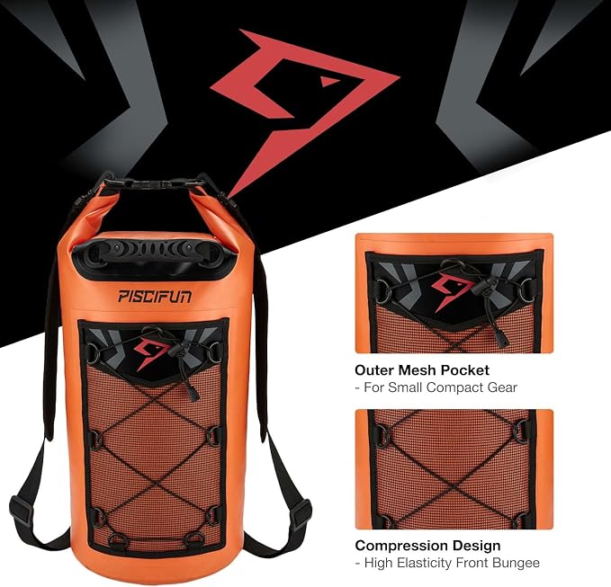 Piscifun Dry Bag, Waterproof Floating Backpack 10L/20L/30L/40L | Waterproof Phone Case, Adjustable shoulder straps, Roll-top closure keeps gear dry, Ideal for Boating, Kayaking, Fishing