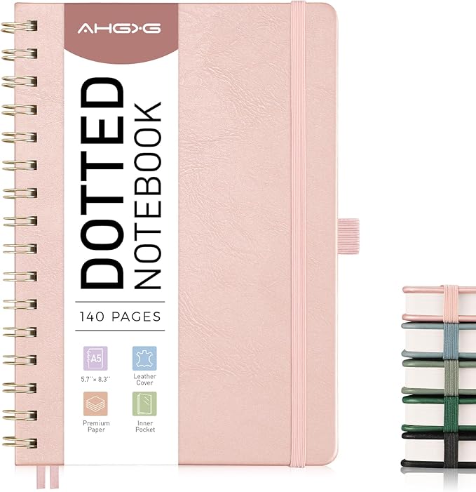 AHGXG Dotted Journal Spiral Notebook, Hardcover Leather Dotted Notebook 140 Pages, A5 Dot Grid Paper Notebook, 100 gsm Thick Paper, for Dotted Journaling, 5.7" x 8.3", Rose Gold