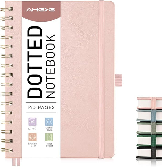 AHGXG Dotted Journal Spiral Notebook, Hardcover Leather Dotted Notebook 140 Pages, A5 Dot Grid Paper Notebook, 100 gsm Thick Paper, for Dotted Journaling, 5.7" x 8.3", Rose Gold