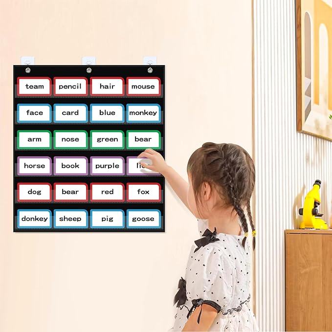 ANCOMEDO 20”W x 25”H Classroom Words Pocket Chart with 6 Clear Pockets, Black Standard Pocket Chart for Classroom and Home for Sentence Strips, Reusable Clear Pocket Hanging Words Chart (Black)