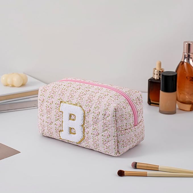 JOVAKIT Alphabet Makeup Bag Cosmetic Bag for Women, Christmas Gifts for Girls Age 6-18, Floral Flowers Coquette Travel Toiletry Zipper Make Up Pouch Organizer Trendy Stuff (Pink Floral B)