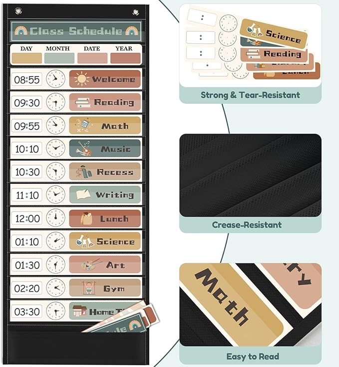 Daily Schedule Pocket Chart for Kids Management, 13+1 Pockets with 30 Cards Black Visual Time Reusable Dry-Eraser Schedule, Teacher Supplies for Boho Classroom Homeschool Decor