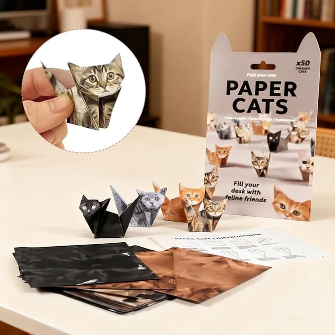 DIY Origami Paper Cats Kit, 50 Sheets Pre-Printed Paper cats with Cat Designs, Paper cats origami Fun Craft Activity for Adults, Creative Desk Decor and Gift for Cat Lovers