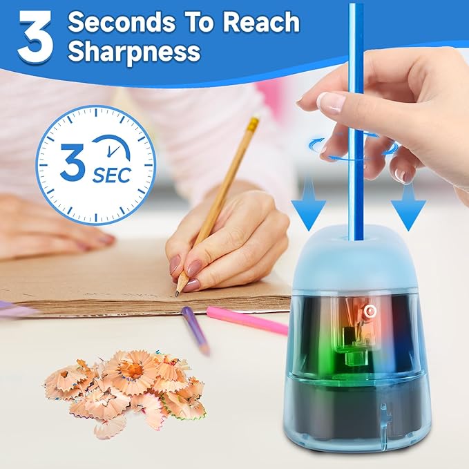 Battery-Operated Electric Pencil Sharpener with LED Light – Compact & Portable Pencil Sharpener for Home, School, or Office Use (Blue)