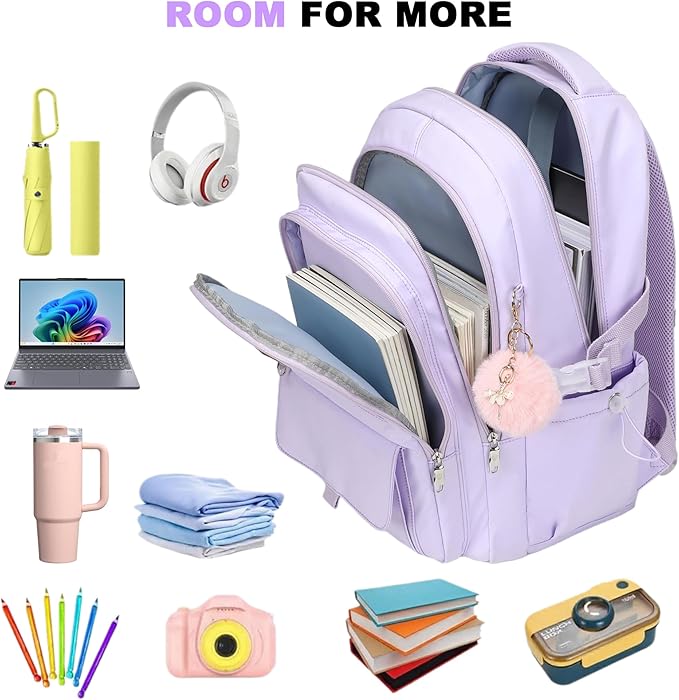 Laptop Backpack 15.6 Inch College Backpacks for Women, School Backpack for Girls,Students Aesthetic Anti Theft Travel Daypack Large Bookbags Middle High School Back Pack(Purple)