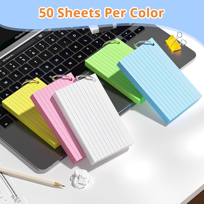 Index Cards 3x5 Inches, 250 PCS, Colored Flash Cards With Ring, Punched Lined Study Card Ruled Flashcards Notecards, Ruled Front And Blank Back, Note Card for School, College And Home