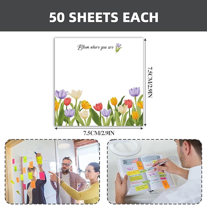 Cute Floral 4-Pad/200 Sheets 3x3in Sticky Notes Set, Adorable Memo Pads with High-Adhesive, Reusable Tearable Post it Notes for Journal Planners Office School Home, Bulk Stationery Gift