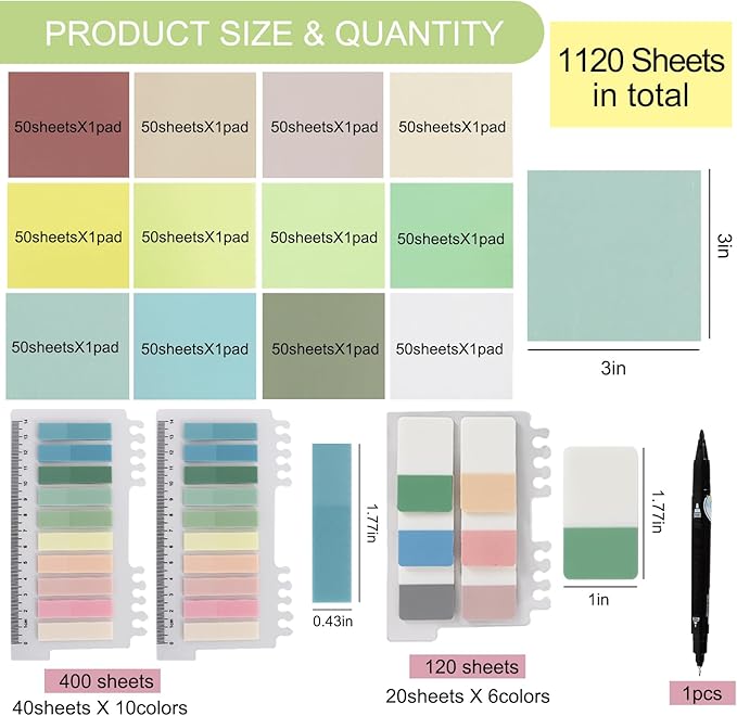 Vuzvuv 1120 Sheets Transparent Clear Sticky Notes with Pen,3x3 Inch Bulk Translucent Sticky Notes Set for Bible Tabs, Book Tabs, Office School Supplies(Morandi Colors)