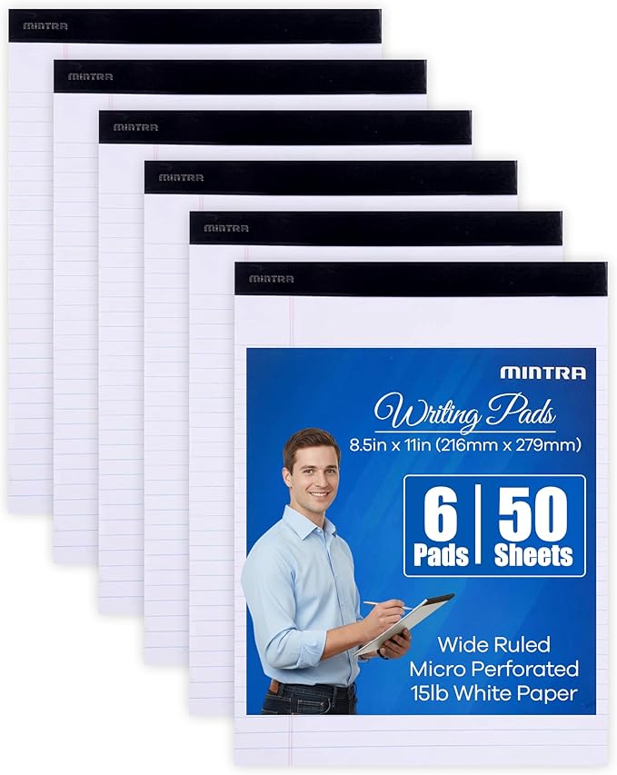 Mintra Office White Legal Pads – Ruled Notepads and Micro-Perforated Sheets, Ideal for Writing, Note-Taking & Creativity, Office, or Professional Use, Basic Pad 6 pack, 8.5"x11" (Wide Ruled)