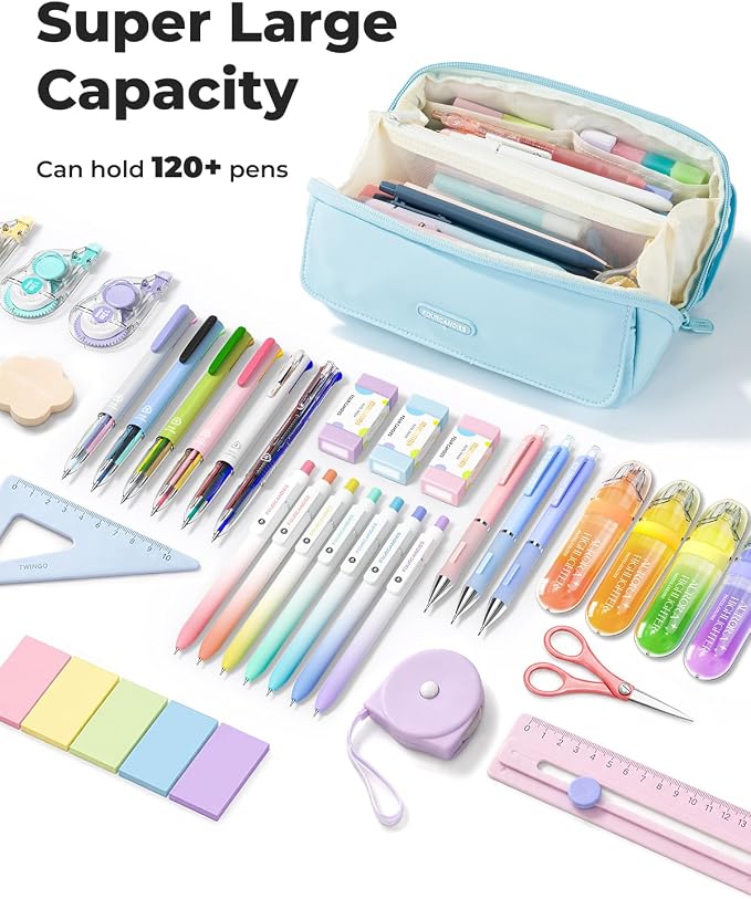 Four Candies Large Pencil Case, 5 Compartments Pen Organize | Big Capacity Pencil Pouch Bag for School Supplies, Portable Stationery Holder for Teen Girls Boy Men Women (Blue Plus)