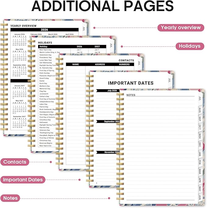 Planner 2026–2027, Academic Monthly Weekly Spiral Calendar, July 2026 – June 2027, Hardcover Agenda Notebook with Tabs, 6.3" x 8.5", Perfect for Students, Teachers, School & Daily Planning - Soft Blossoms