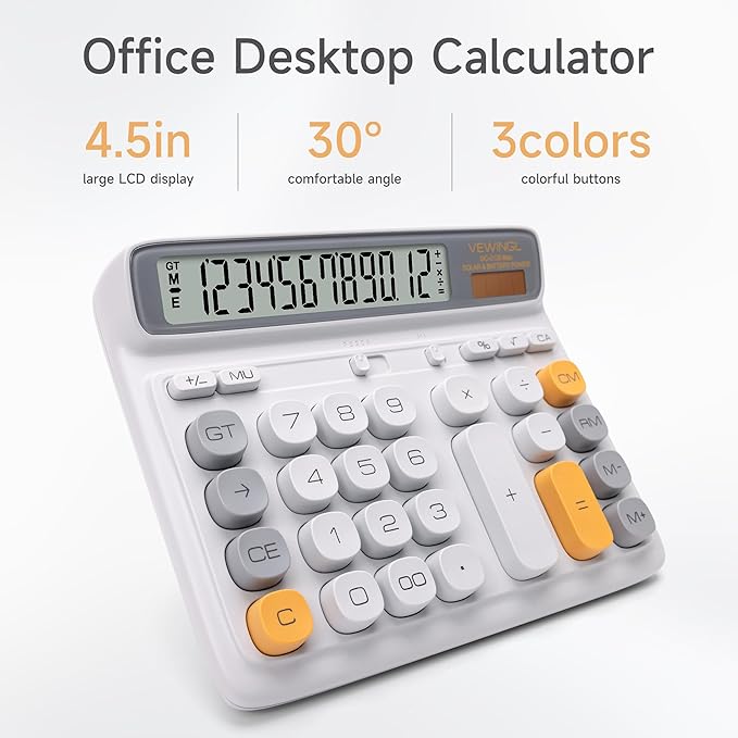 VEWINGL Desktop Calculator with Extra Large LCD Display, 12-Digit Dual Power Solar & Battery Calculator, Big Button Office Calculator for Accounting, Home, School & Business Use (Gray)