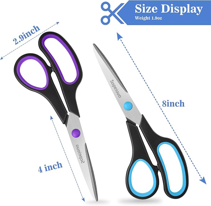 6 Pcs 8” Scissors, Sharp Stainless Steel Comfort Grip for Everyday Use | Right/Left Hand, All Purpose Scissor for Office Home School Craft Sewing Fabric Supplies, High/Middle School Student Teacher
