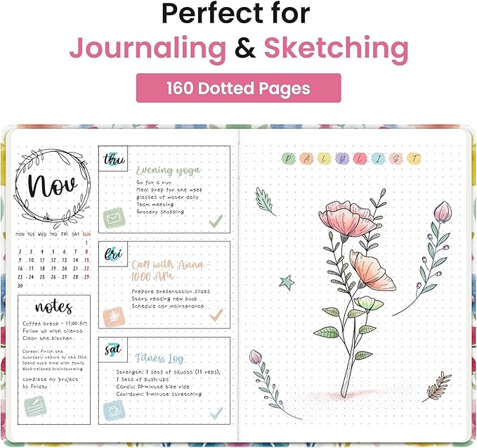 Taja Pretty Dotted Journal for Women, Aesthetic Cute Hardcover Leather Journal for Writing, A5 Journaling Notebook for Work & Sketch, Perfect for Office School Home, 160 Pages, Bloom Floral