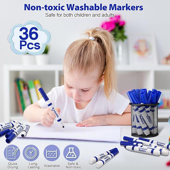 36 Pcs Blue Washable Markers Bulk Coloring Broad Line Markers for Kids Blue Conical Tip Drawing Pen for Christmas,School Supplies, Travel Art Baby Shower Gender Reveal Party Supplies, Ages 6+