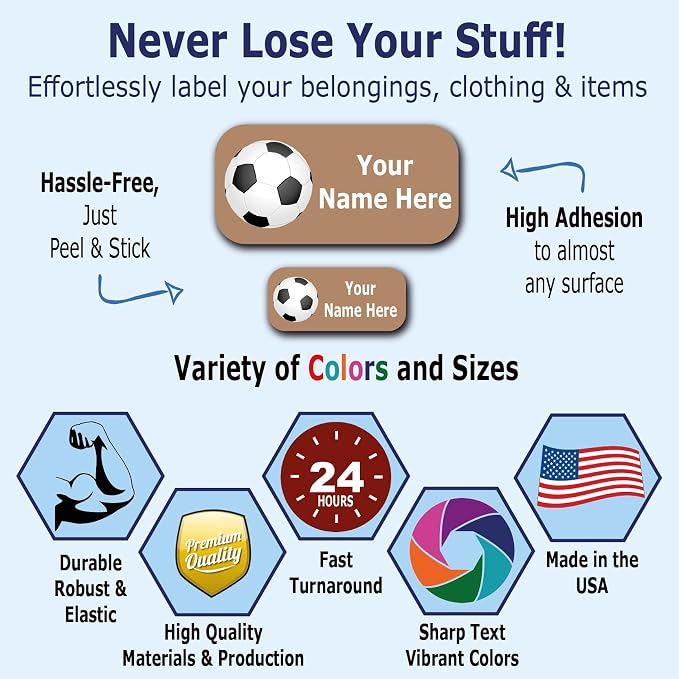 Personalized Labels – Sport’s Icon Designs. 52 Custom Stickers for School, Daycare and Camp. Waterproof Name Labels Dishwasher and Microwave Safe, Machine Washable. (Sports)