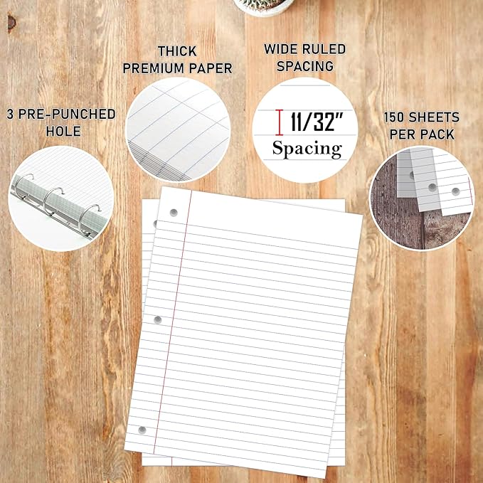 PARTH IMPEX Loose Leaf Paper, 450 Sheets, 3 Pack, 56 gsm, 8" x 10.5" Wide Ruled Filler Notebook Paper, 3 Hole Punched, 150 Sheets/Pack, Bulk Loose Leaf for 3 Ring Binders, White
