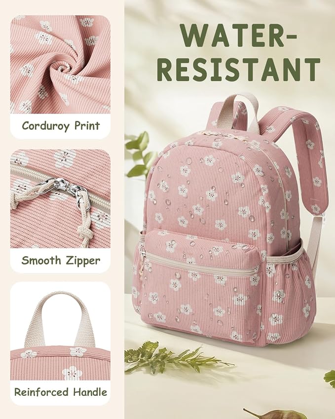 Corduroy Kids Backpack for Boys Girls Ages 5-8 | 15 Inch Water-Resistant Lightweight School Bookbag for kindergarten and Elementary, 1st-3rd grade(Large,Pink Floral)