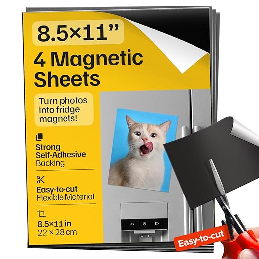Strong Self-Stick Adhesive Magnetic Sheets 4 Pcs (8.5x11"/22x28cm) – Customizable Magnetic Paper for Photo, Magnet Stickers, Labels, Crafts; for Fridge, Lockers, Whiteboards, Office, Projects