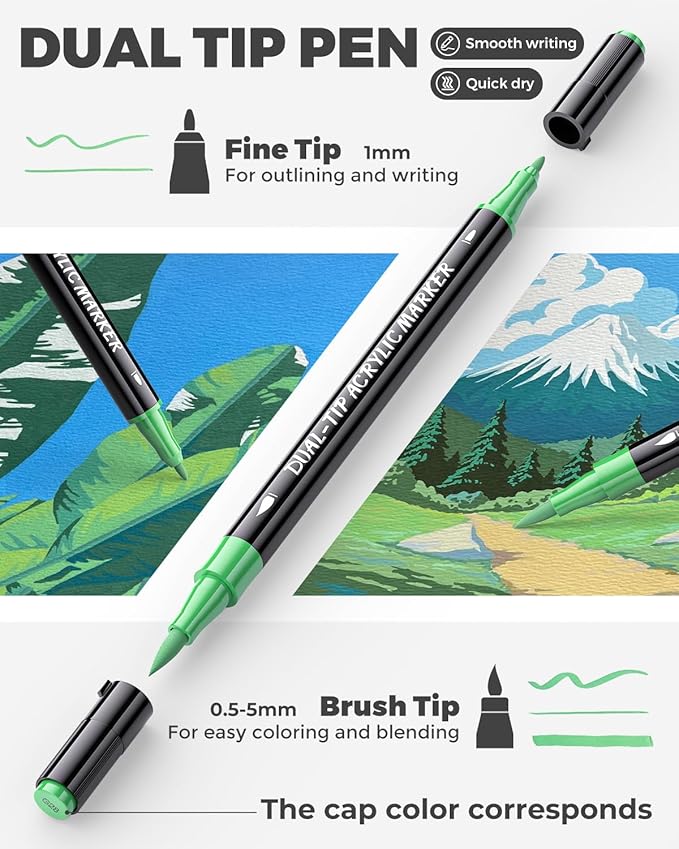 JusArt 36 Colors Acrylic Paint Markers Set with Canvas Bag, Dual Tips with Brush Tip & Fine Tip, No-Bleed, Waterproof, Non-Toxic & Odorless Paint Pens for Rock, Egg, Wood, Canvas, Glass, Ceramic, DIY